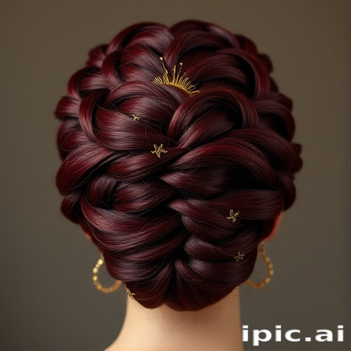 Regal burgundy updo intricately braided into a crown-like formation, Empress's hair exudes sophistication and power, adorned with delicate golden threads woven throughout the elaborate style
