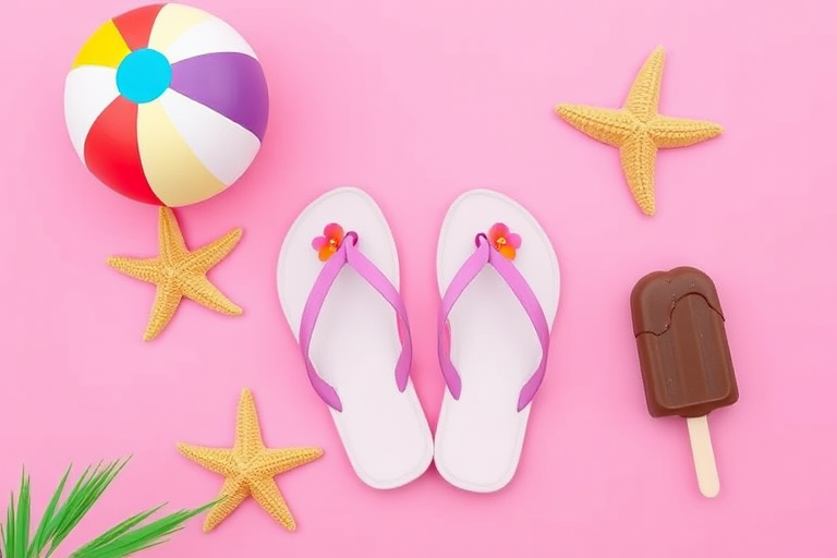 create a vibrant digital illustration featuring a pink background with summer-themed elements like flip-flops with floral designs, a beach ball in bright colors, a starfish, and a chocolate-dipped popsicle, using a high-resolution setting of 300 DPI, shot from a top-down perspective with a soft focus lens effect, employing a DSLR camera style for sharper details and color vibrancy.