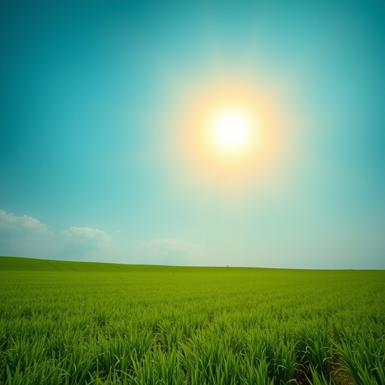 Create a vibrant landscape with a bright yellow sun in the top left corner against a turquoise sky and a lush green field below, captured with a DSLR camera at f/8 aperture, ISO 100, with a wide-angle lens at 24mm for enhanced depth and clarity.