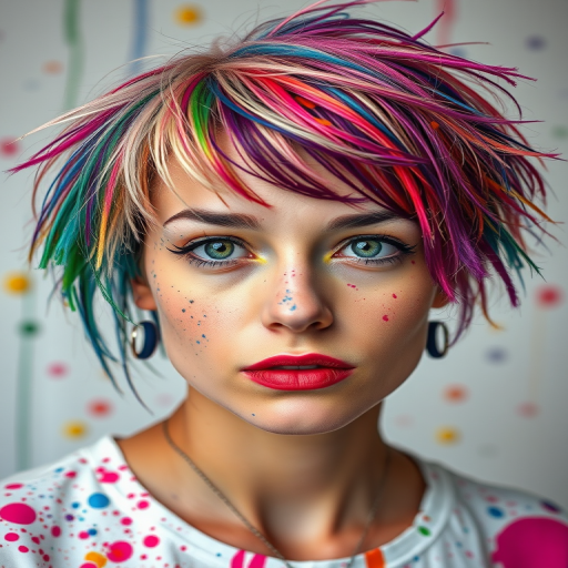 Bold portrait of an artist with Paint Splash locks, a white base with random splatters of various bright colors, cut into a short, textured crop