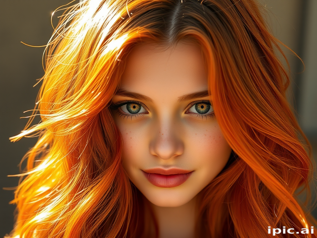 Radiant copper waves cascade down her shoulders, framing a delicate face with sun-kissed freckles, the "Autumn Sunset" style exuding warmth and vibrancy