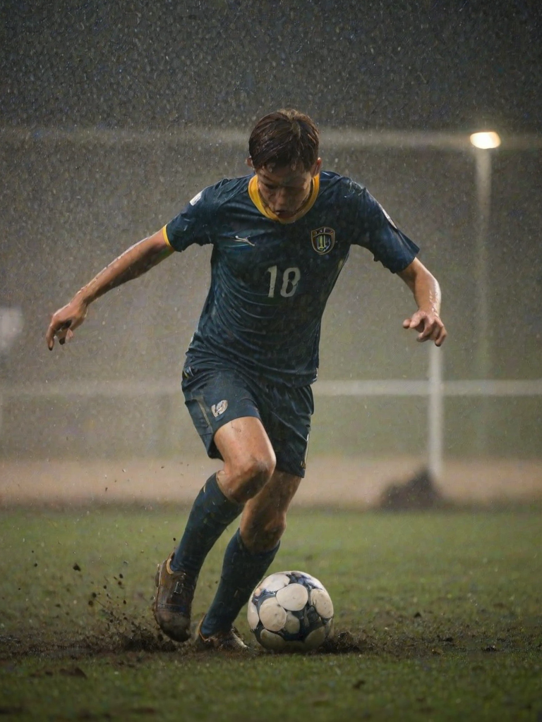 Blurry action shot of a soccer player sliding to kick the ball on a muddy field, with rain softly falling and stadium lights casting a bright glow through the misty air.