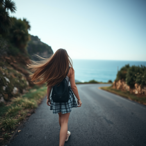 Wide-angle shot of a coastal road leading down to a calm blue ocean. A chubby high school girl with long hair, blown gently by the ocean breeze, walks along the road, looking to the viewers with. Enhanced contrast, and a soft focus on the horizon. Use a DSLR camera with a 24mm lens at f/5.6