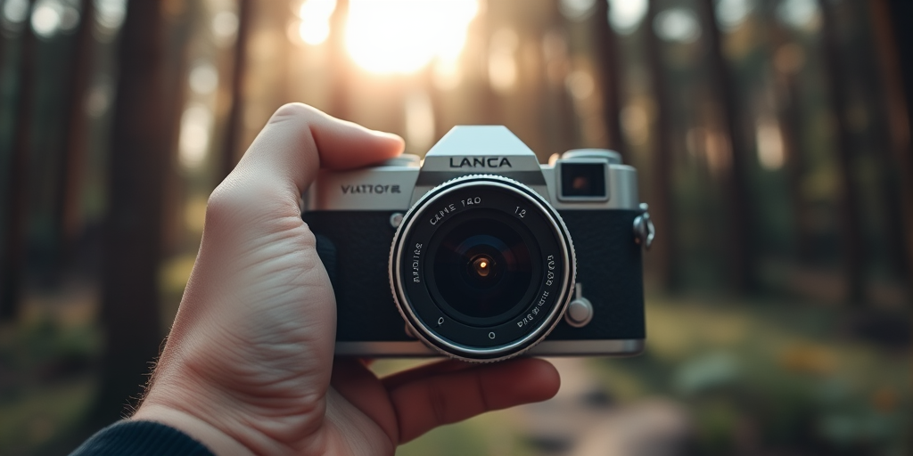 Close-up of a hand holding a vintage camera, soft natural light illuminating the lens, with a forest softly blurred in the background, giving a sense of adventure and nostalgia.