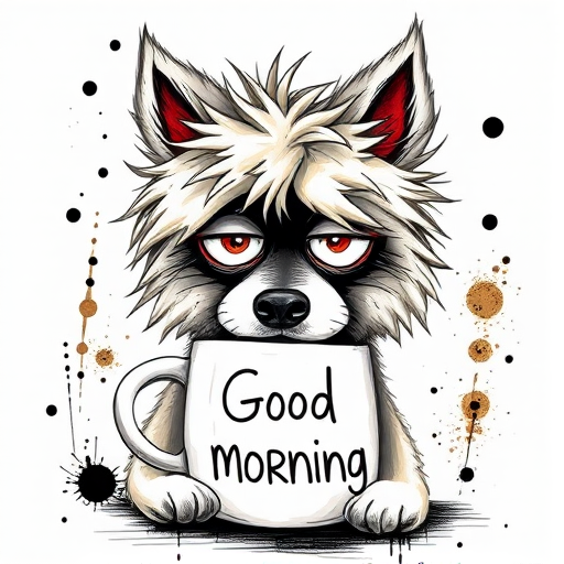 A quirky, artistic illustration of a disheveled german spitz with exaggerated, large eyes and spiky fur, holding a coffee mug that reads "Good Morning". The dog has a tired but humorous expression, with ink splatters and abstract details surrounding it, giving a whimsical feel to the image. The color palette is mostly monochrome with hints of red in the eyes and steam rising from the mug, enhancing the overall sleepy vibe