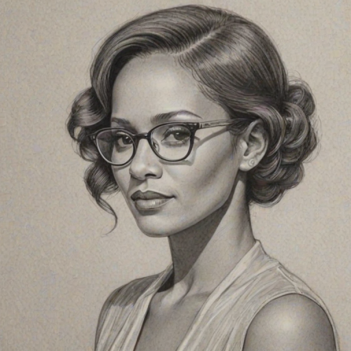 Lovely Melanie Brown, pencil sketch, portrait of Splendid woman 1920s in glasses, hair style beatnik, outline, clear lines, fine lines, 8k