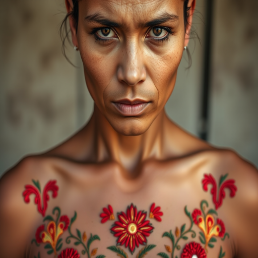 Face, shoulders, chest covered in openwork Inca embroidery. Raw, unedited image.
