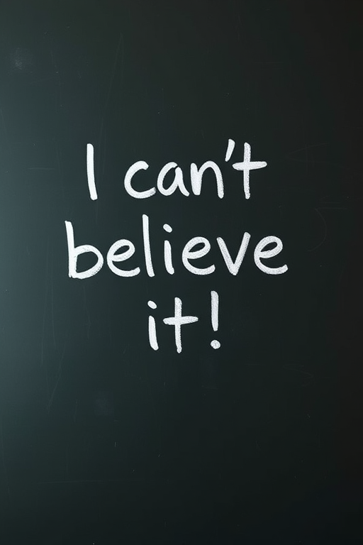 Capture a clean blackboard with the phrase I can't believe it! written in playful white chalk, use a 50mm lens with f/1.8 aperture, ISO 200, 1/60 shutter speed, take from a slightly above angle to enhance depth, using a DSLR camera for crisp detail.