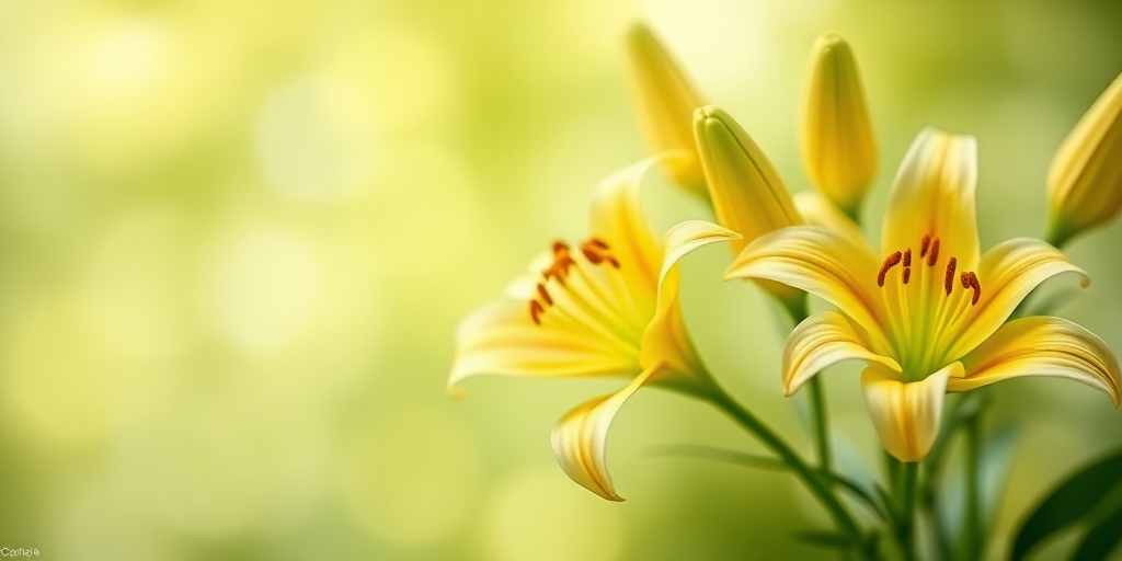 Regenerate a floral border image with soft yellow lilies on a light green background, featuring a blurred bokeh effect, use a Canon EOS R5 with a 50mm f/1.2 lens, aperture set to f/2.8, ISO 100, and a slight vignette for focus on the center.