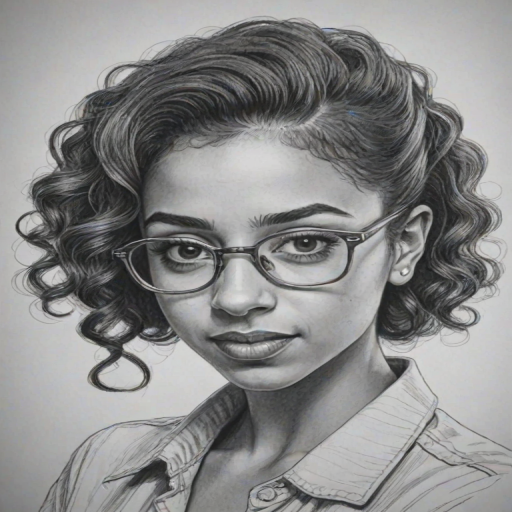 Ravishing Liza Koshy, pencil sketch, portrait of Charming woman 1935s in glasses, hair style beatnik, outline, clear lines, fine lines, 8k