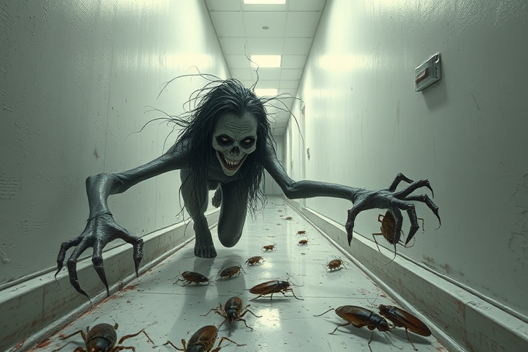 a crooked female with long arms and a creepy smile is crawling along a long white corridor and you can also see cockroaches in it there is a creepy atmosphere creepy art style