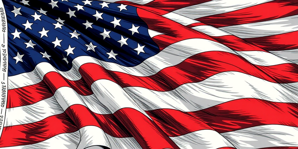 create a detailed illustration of a waving American flag with strong lines and shading, using a DSLR camera, 50mm lens, f/2.8 aperture, ISO 100, capture from a low angle to emphasize texture and depth.