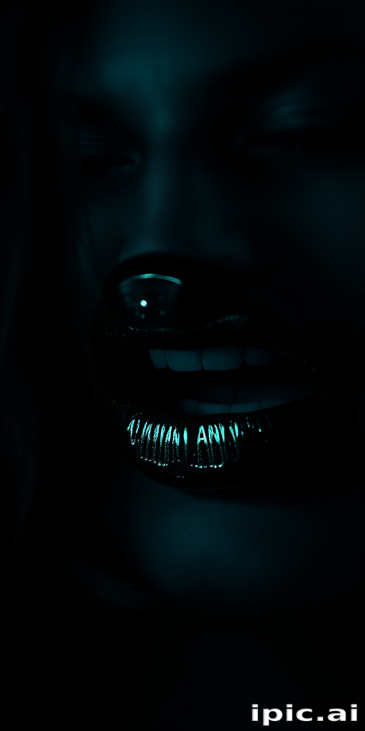 Mysterious dark emerald lips with a glossy sheen, showcasing rich jewel tones and depth, captured in a moody and atmospheric night-time portrait