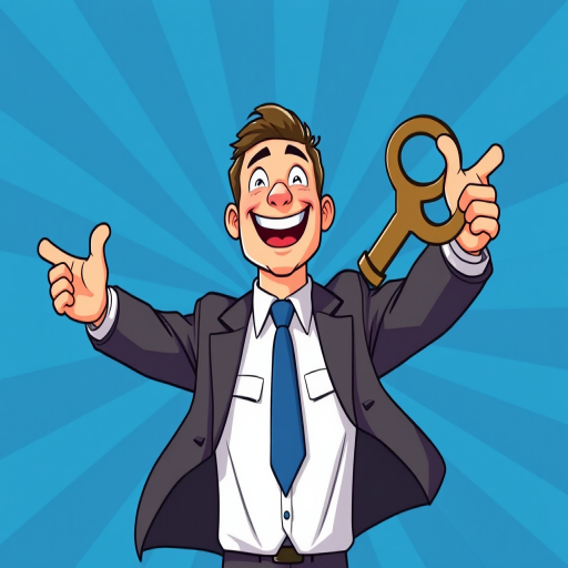 Create a cartoon-style illustration of a cheerful businessman in a suit with his arms outstretched, holding a large key, with a radial blue background, shot with a Canon EOS R5 at f/4, ISO 100, 50mm lens, in bright daylight.