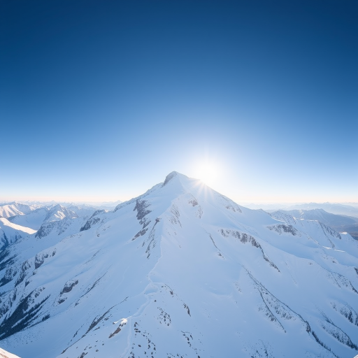 capture a snowy mountain peak under a clear blue sky, mid-morning lighting, 24mm lens at f/8, shutter speed 1/200s, ISO 100, panoramic view, DSLR camera