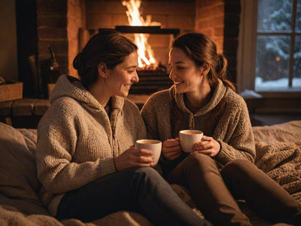 Warm, intimate image of a couple sitting by a fireplace on a snowy evening, soft glow from the flames illuminating their faces, the smell of burning wood and hot chocolate in the air, and the feeling of warmth and love.