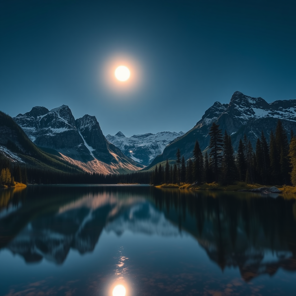 Create a serene nighttime landscape featuring tall mountains with snow caps under a full moon, reflected in a calm lake surrounded by evergreen trees, using a DSLR camera with a wide-angle lens set at f/8, ISO 400, and a long exposure of 10 seconds, capturing vibrant colors and crisp details.