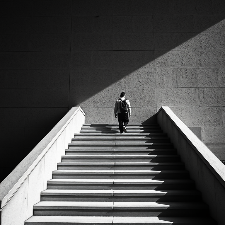Create a black and white photograph of a person walking up a staircase against a textured wall, using a Canon EOS 5D Mark IV with a 50mm lens, aperture f/8, shutter speed 1/125 sec, ISO 100, capturing a low-angle view to emphasize the staircase and solitary figure.