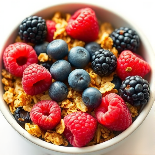 A close-up shot of a bowl filled with granola and assorted fresh berries like raspberries, blueberries, and blackberries, styled elegantly on a soft focus white background, with natural lighting, using a DSLR camera with a 50mm lens, aperture set to f/2.8, ISO 100, and a shallow depth of field to enhance image quality.