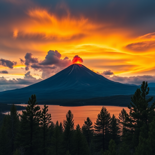 Generate an image of a volcanic eruption with a mountain in the background, set against a sunset sky with dramatic clouds, capturing a serene lake in the foreground surrounded by pine trees, using a DSLR camera with a 35mm lens, aperture f/8, ISO 100, and a low angle view for depth.