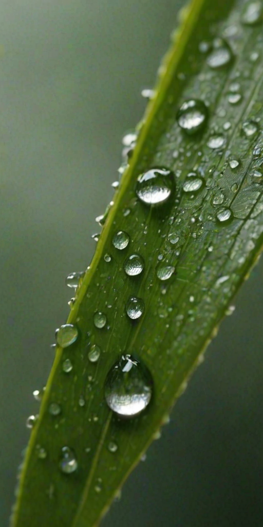 Sharp, high-resolution close-up of a raindrop clinging to the tip of a leaf, soft light reflecting off its surface, tiny veins in the leaf visible, and the quiet sound of rain tapping against windows in the background.