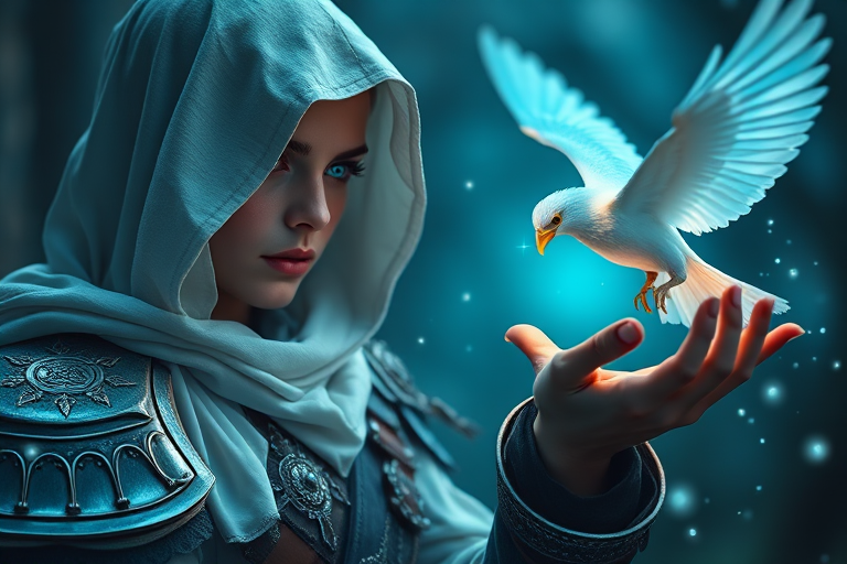 Create an ethereal scene of a mysterious character in a white hooded cloak, holding out their hand to a glowing bird, showcasing vibrant blue eyes and detailed armor, with soft lighting and magical particles in the air, using a Canon EOS R5 with a 50mm f/1.2 lens, at f/1.8, ISO 200, and a shallow depth of field for a dreamy effect.