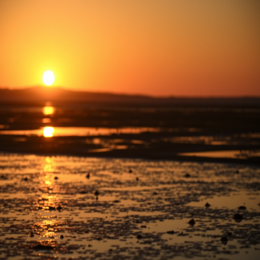 Wide-angle shot of a sunset over a tidal flat with the sun reflecting on the water, soft focus settings, ISO 200, f/8, 1/125 sec, DSLR camera with a 24mm lens, golden hour lighting.