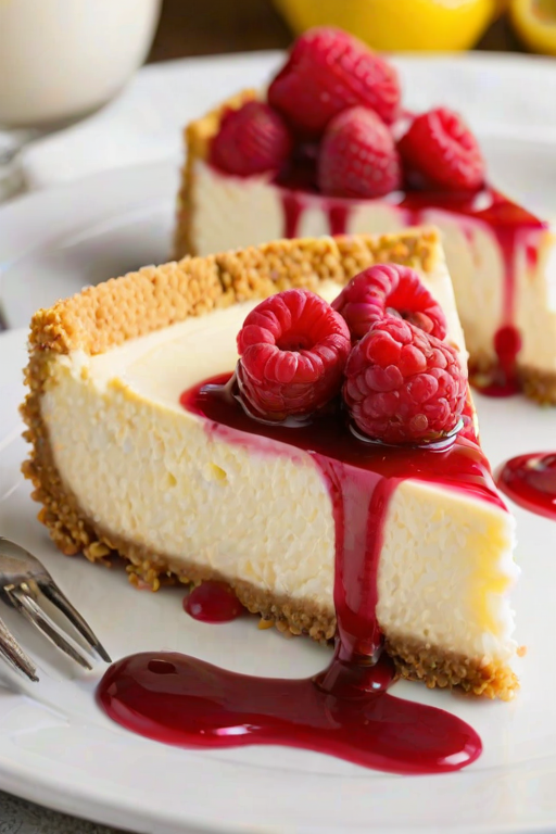 Generate an image of a vibrant dessert that features a creamy lemon cheesecake with swirls of raspberry sauce. The cheesecake should have a graham cracker crust, be topped with fluffy whipped cream, and adorned with fresh raspberries and a slice of lemon. The presentation should be on a white plate with a fork beside it.