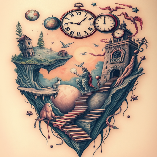 Surrealist tattoo "Dreamscape Odyssey" blending elements of nature and fantasy in a dreamlike composition, with melting clocks, floating islands, and impossible staircases in muted pastel hues