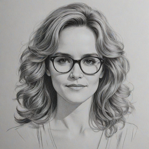 Attractive Lea Thompson, pencil sketch, portrait of Dazzling woman 1973s in glasses, hair style beatnik, outline, clear lines, fine lines, 8k