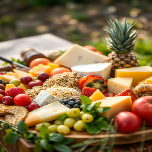 Create an outdoor food arrangement with a variety of fresh ingredients like fruits, grains, and cheeses, captured in soft natural light using a DSLR camera with a 50mm lens at f/2.8, ISO 200, and a shutter speed of 1/125 sec, focusing on a shallow depth of field to enhance texture and color.