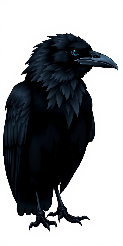 create a detailed illustration of a raven standing upright with black feathers and striking blue eyes on a white background