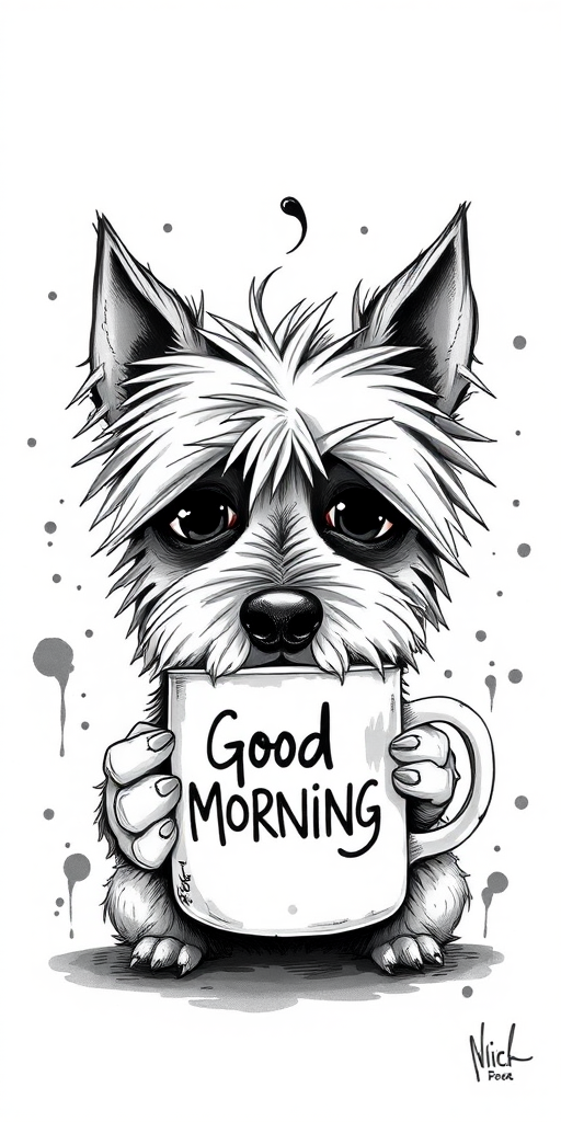 A quirky, artistic illustration of a disheveled bossie dog breed with exaggerated, large eyes and spiky fur, holding a coffee mug that reads "Good Morning". The dog has a tired but humorous expression, with ink splatters and abstract details surrounding it, giving a whimsical feel to the image. The color palette is mostly monochrome with hints of black in the eyes and steam rising from the mug, enhancing the overall sleepy vibe