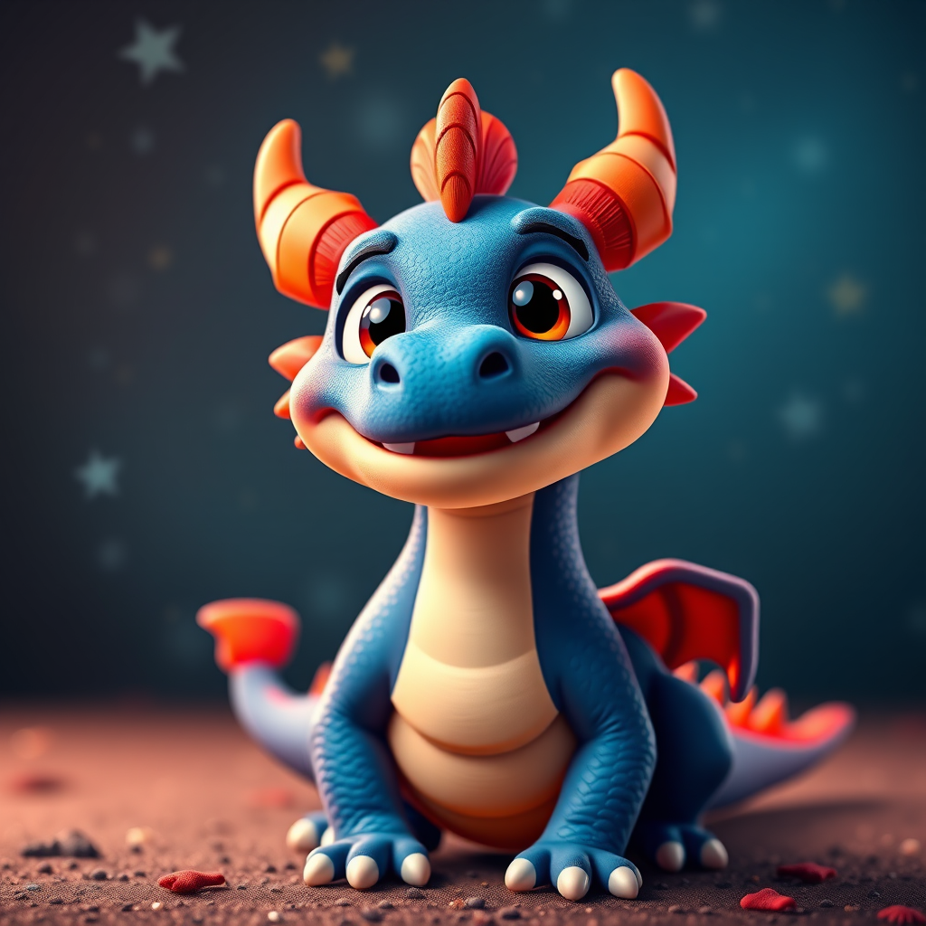 Create a vibrant 3D animated character of a quirky, cartoonish dragon with a friendly expression, set against a sparkling starry background, captured with a Canon EOS R5, 50mm f/1.2 lens, aperture f/2.8, ISO 100, 1/200s shutter speed, in a vibrant color style.