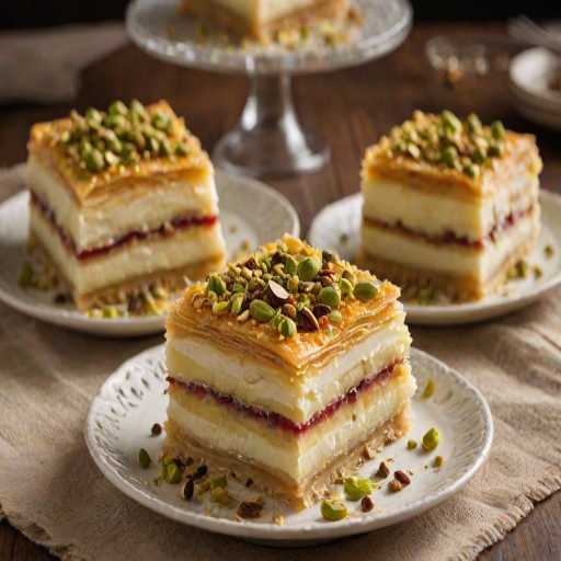 Create an image of a multi-layered dessert featuring a crispy phyllo pastry base, creamy layers of custard and a vibrant gelatin topping. The dessert is garnished with a generous amount of crushed pistachios, showcasing a rich blend of textures and colors. The setting should convey a warm and inviting atmosphere, with soft lighting highlighting the intricate details of the dessert.