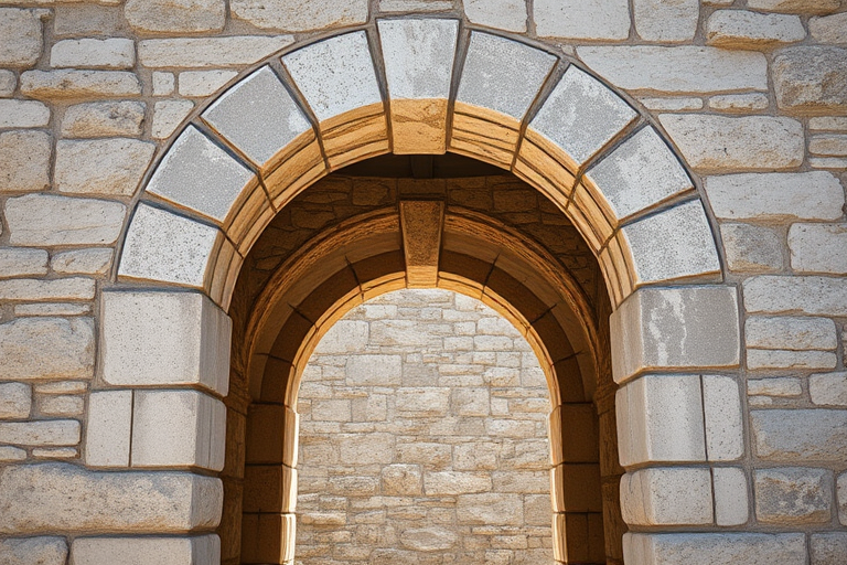 Generate a high-resolution image of a weathered stone archway with uneven texture, natural lighting, taken from a low angle, using a DSLR camera, aperture f/8, ISO 100, shutter speed 1/250s, captured in a realistic style.