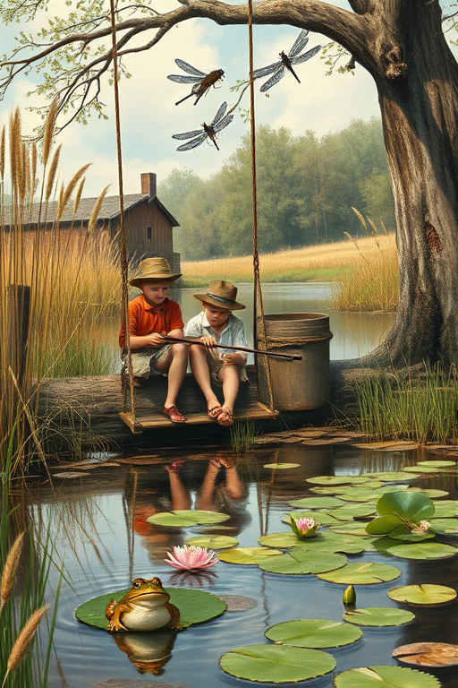 Imagine a small group of old fashioned young boys out fishing by the creek, a swing hanging from a tree branch, reeds and grasses by the water's edge, a frog sitting on a lily pad, dragonflies hovering over som water plans, a very iconic old fashioned scene reminiscent of a Norman Rockwell painting style
