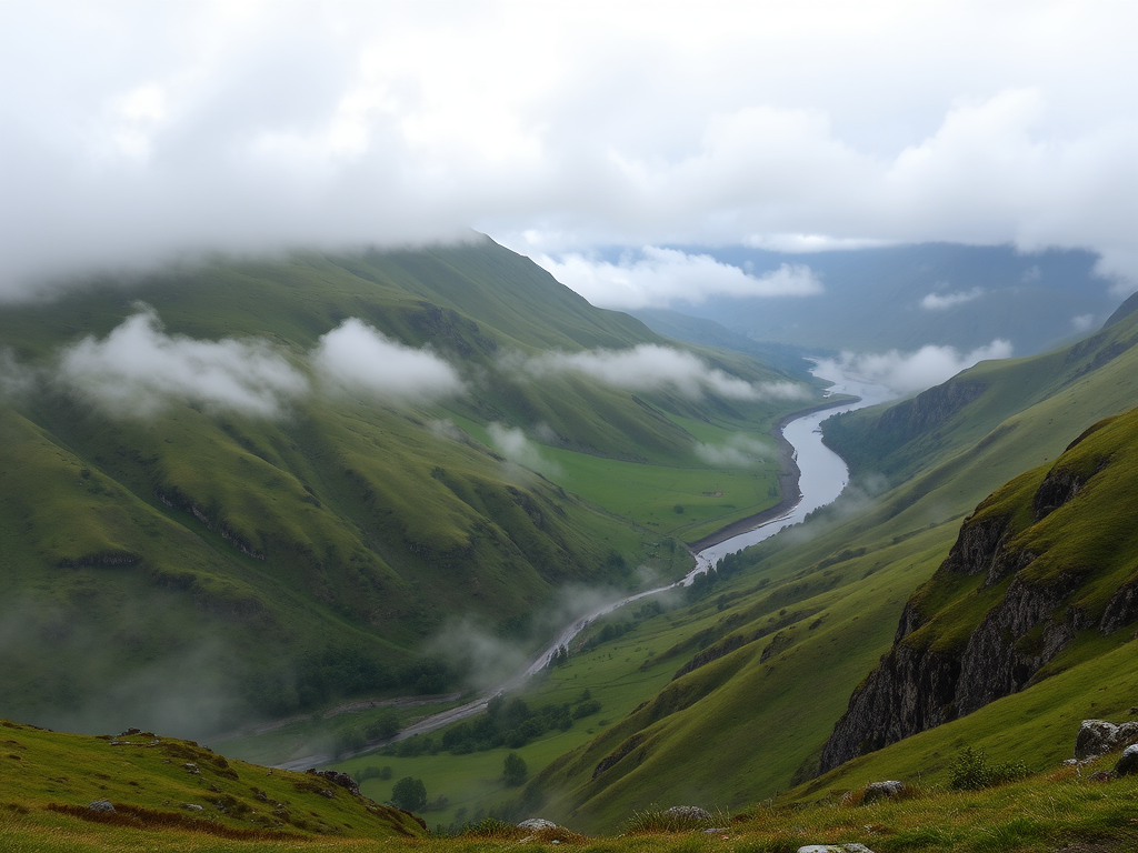 Landscape of a valley shrouded in mist with rolling green hills and a winding river under a cloudy sky, shot with a DSLR camera at f/8 aperture, ISO 200, 1/250 sec shutter speed, wide-angle view, natural lighting, in high resolution.