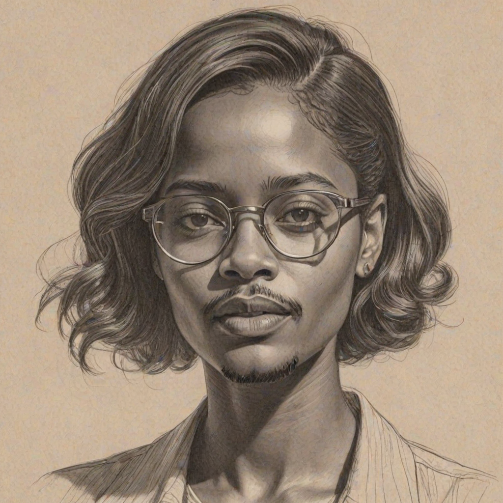 Appealing Lakeith Stanfield, pencil sketch, portrait of Stunning woman 1932s in glasses, hair style beatnik, outline, clear lines, fine lines, 8k