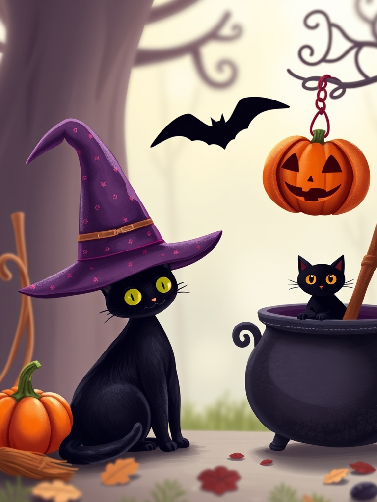 Create a whimsical Halloween-themed illustration featuring a purple witch's hat, a black cat, a pumpkin, a broomstick, and a cauldron, using a DSLR camera with a 50mm lens at f/2.8, ISO 200, and a shallow depth of field to enhance details and create a soft background blur.
