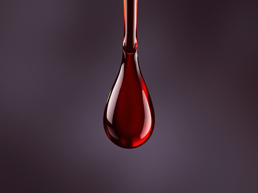 Create a highly detailed and smooth illustration of a realistic blood drop, using a high-resolution digital camera with a 50mm lens, f-stop at 2.8, ISO 100, with a shallow depth of field and soft lighting to enhance the sheen and texture of the drop.