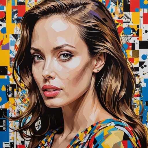 Featuring a young angelina jolie, A vibrant artwork blending bohemian style with edgy street art, . The design mixes vibrant colors with the modern Disney-inspired style, echoing Roy Lichtenstein's pop art. The overall mood is optimistic and trendy, with elements of Johannes Vermeer’s classic elegance, combined with the geometric abstraction of crystal cubism. add Stockholm silhouette