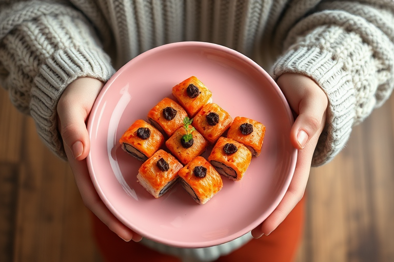 Regenerate an image of sushi on a pink plate held by a person in a cozy sweater, with a focus on vibrant colors and textures, camera settings: ISO 100, aperture f/2.8, shutter speed 1/60s, camera view: top-down angle, camera style: natural lighting, camera type: DSLR.