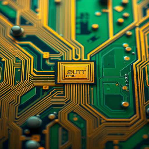 highly detailed abstract close-up of a circuit board design with intricate patterns and vibrant gold and green colors, macro lens f/2.8, ISO 100, 50mm, top-down view, digital camera, high dynamic range imaging for enhanced detail and color richness