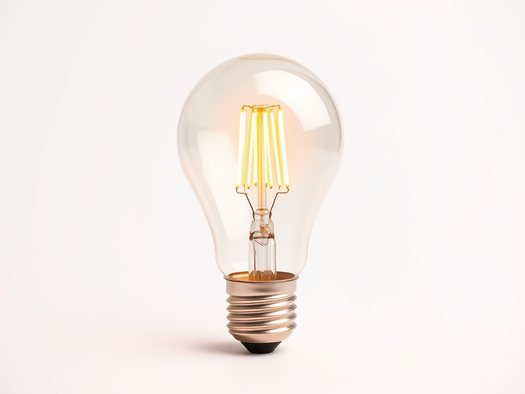 create a highly detailed image of a light bulb with a classic incandescent filament on a white background, using a DSLR camera with a 50mm lens, aperture f/2.8, ISO 100, and a softbox for even lighting