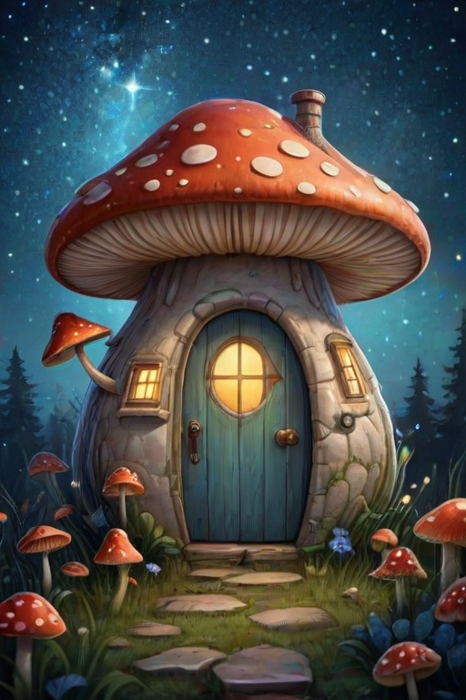 this image is illustration of a mushroom house with a door and a window, a storybook , fantasy art, mushroom house, bg starry sky, sparkles