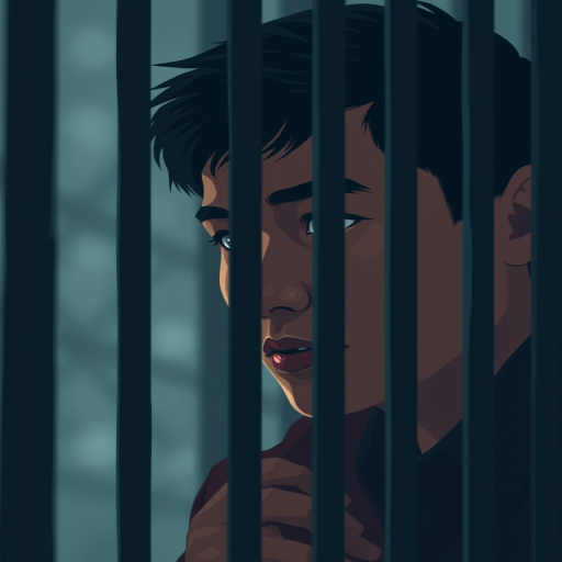 Generate a high-quality illustration of a person looking out from behind prison bars, using a Canon EOS R5 with a 50mm f/1.2 lens, aperture set to f/2.8, ISO 100, and a shallow depth of field to create a soft background blur, capturing the subject in a slightly off-center composition.