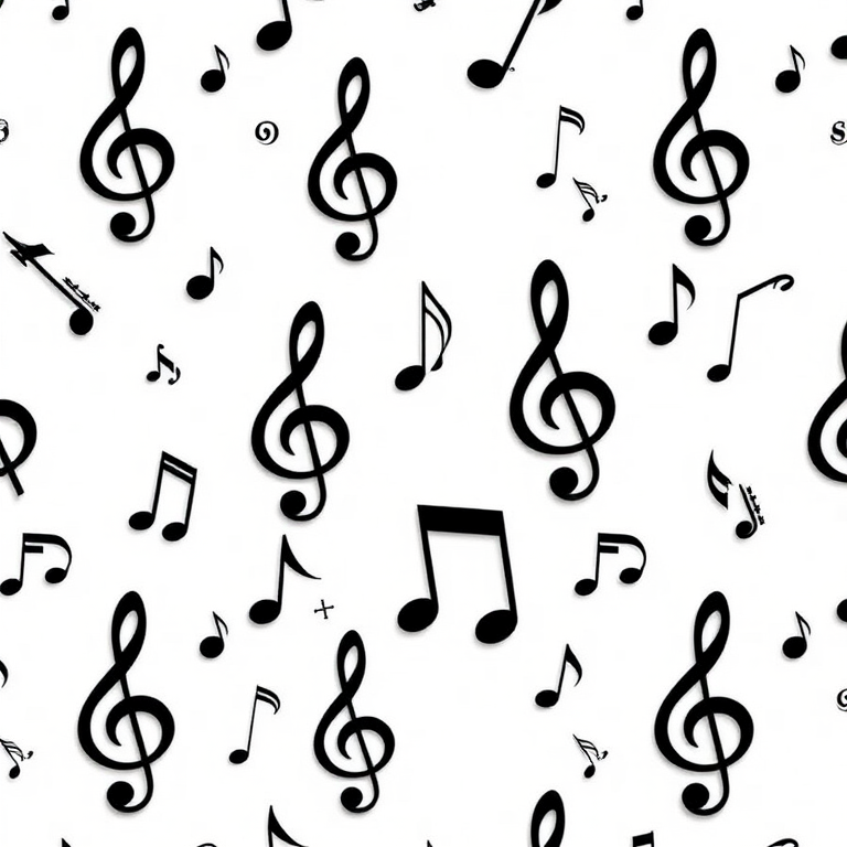 Create a seamless pattern of various music notes and clefs on a white background, captured with a Canon EOS 5D Mark IV, using a 50mm f/1.8 lens, aperture set to f/8, ISO 100, and shot from a top-down view to enhance clarity and detail.