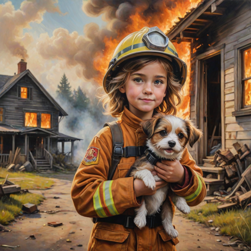 airbrushed oil painting, pixar style, cute little girl in fireman gear, helmet, tousled hair, expressive eyes, standing in the doorstep of a cottage burning behind him, holding a cute little dog in her arm, atumn sky
