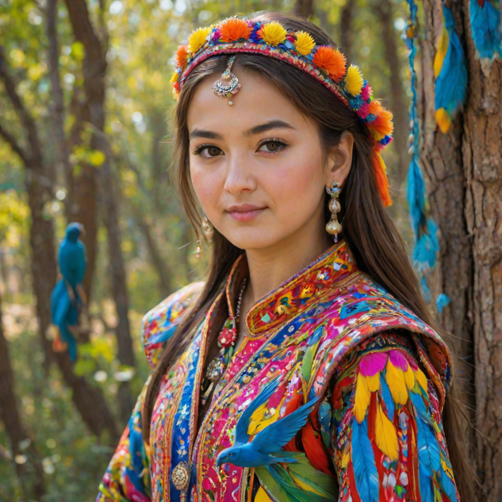 A beautiful Uzbek girl, wearing colorful bird clothing with vibrant colors